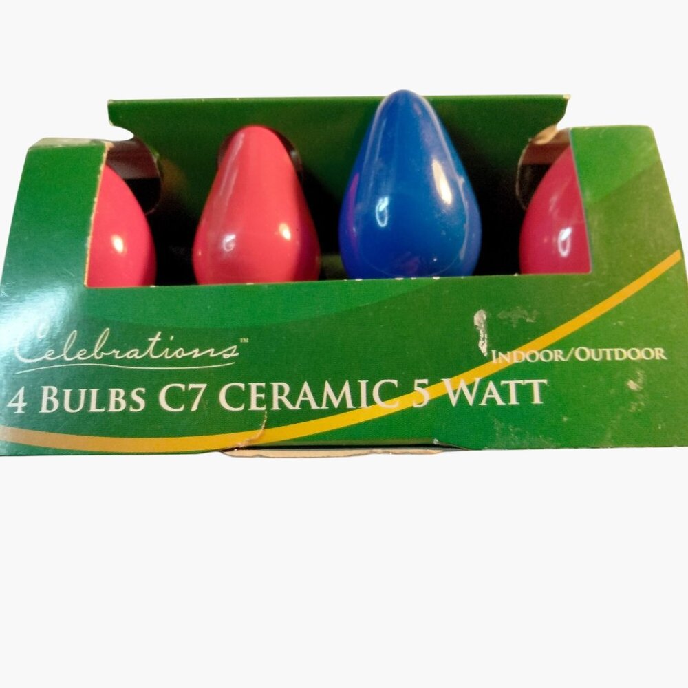 Celebrations 4 Pack C7 Ceramic 5 Watt Bulbs Indoor Outdoor Red Blue